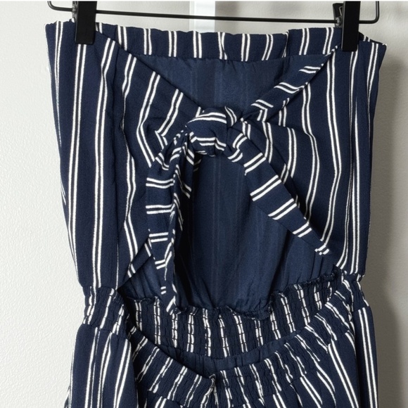 Lulus Jumpsuit Blue White Stripe Strapless Cropped Leg Open Back Elastic Waist - Picture 8 of 16
